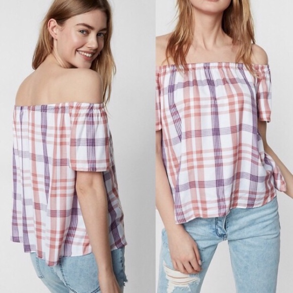 Express Plaid Off The Shoulder Blouse